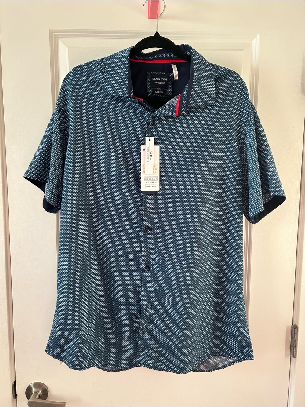 Short-Sleeve Blue Geo Print Button-Up Shirt